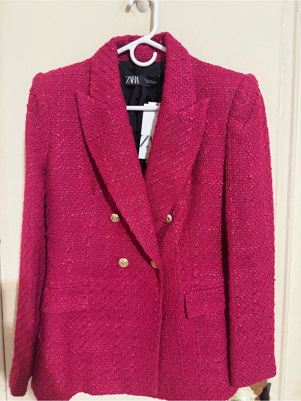 Zara Double-Breasted Hot Pink Tweed Blazer with Gold Buttons